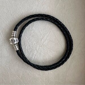 7in Pandora Double Braided Black Leather Bracelet